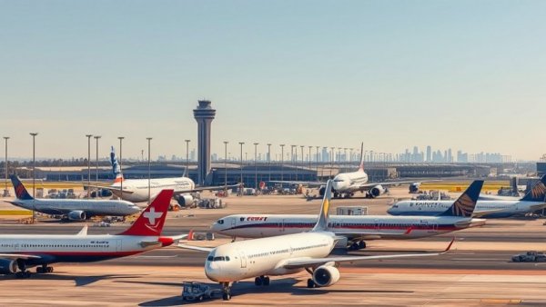 DFW Airport planes with control tower and skyline in background.