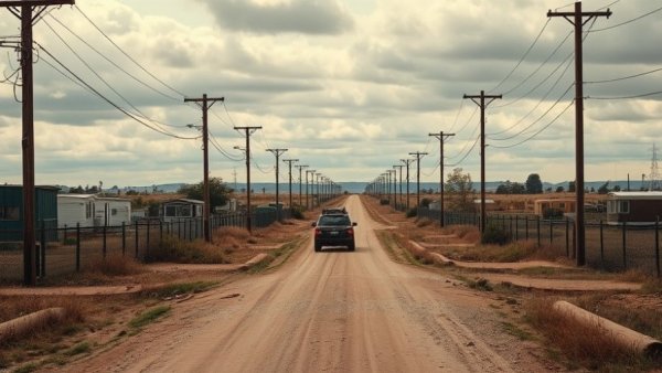 Dirt road in West Odessa with utility poles, part of running water project.