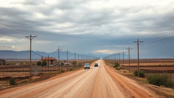 Rural Texas road with utility poles and houses on cloudy day, Texas state news.