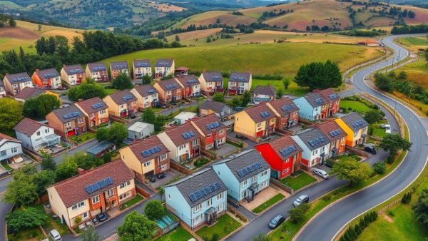 Aerial view of suburban houses in US city with solar panels.