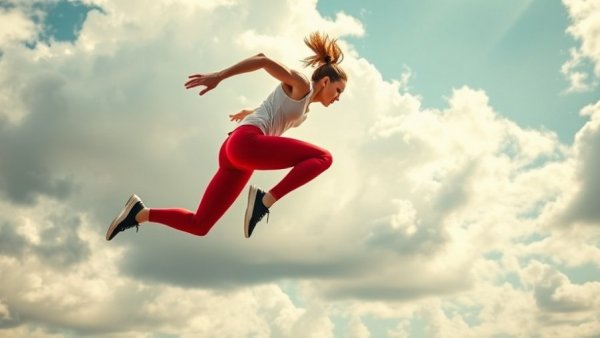 Athlete performing jumping exercise for longevity in red leggings.