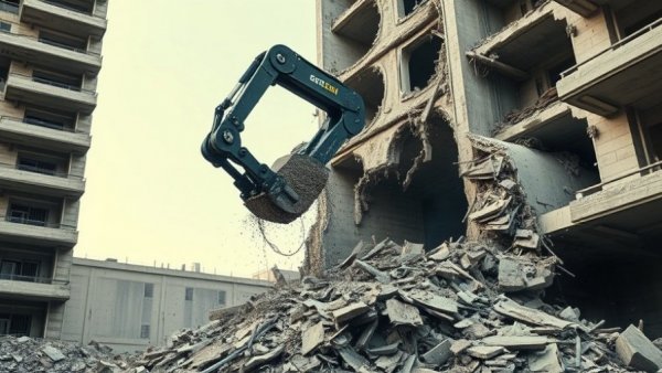 Mechanical claw demolishing concrete structure, national news.