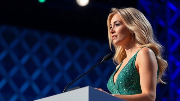 Elegant woman at podium during award ceremony, Erika Kirk book tour