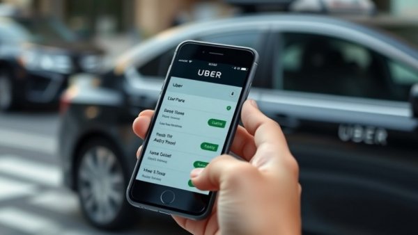Close-up of hand using Uber app displaying fares outside a car.