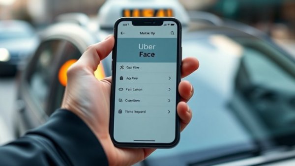 Hand holding smartphone showing priciest Uber fares, blurred Uber car.