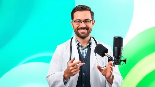 Doctor presenting a podcast episode in a graphic design, related to pollutants in seafood.