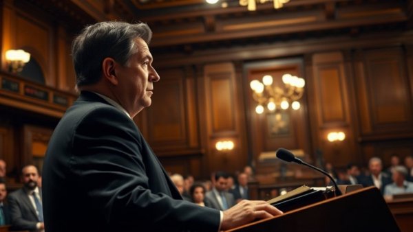 Serious politician speaking in chamber, national political news theme.