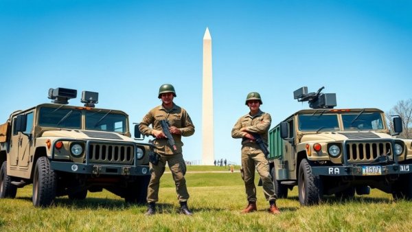 National Guard presence at Washington Monument with military vehicles.