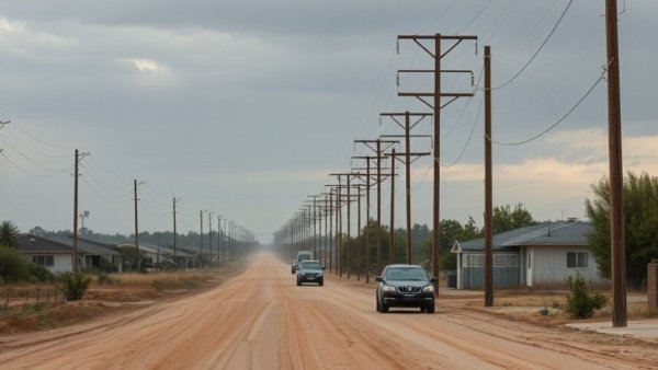 West Odessa water access, rural road with utility poles in overcast weather