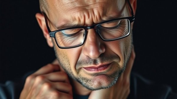 Close-up of a man in pain holding his neck, illustrating anger and chronic pain.