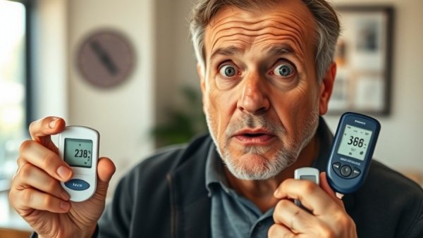 Surprised man holding glucose meters indicating blood sugar mistakes diabetics make.
