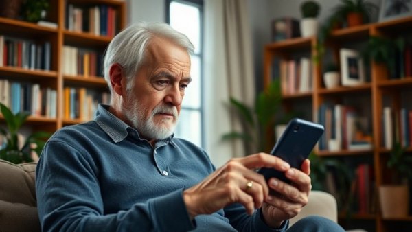 Elderly man engaging with smartphone for internet use, caregiver support.