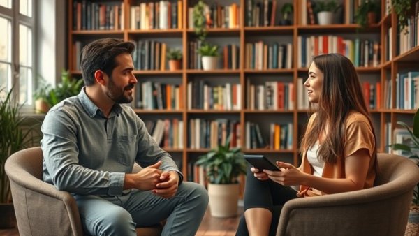 Engaging conversation in cozy studio setting