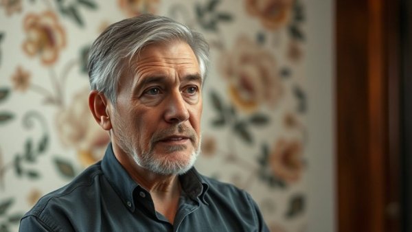 Middle-aged man discussing mental wellness for seniors, calm indoor setting.