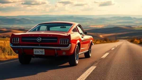 Older red mustang on scenic road with rolling hills, shot in warm sunlight.