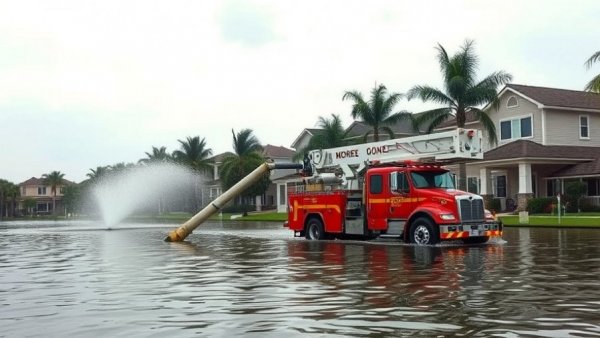 Ike Dike project Texas: Utility truck managing flood in residential area.