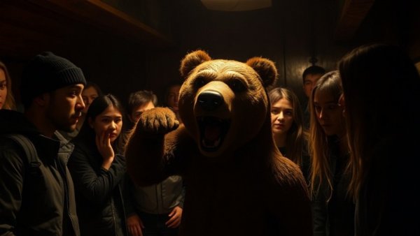 Tense group startled by animatronic bear from Five Nights at Freddy's 2, dramatic scene.