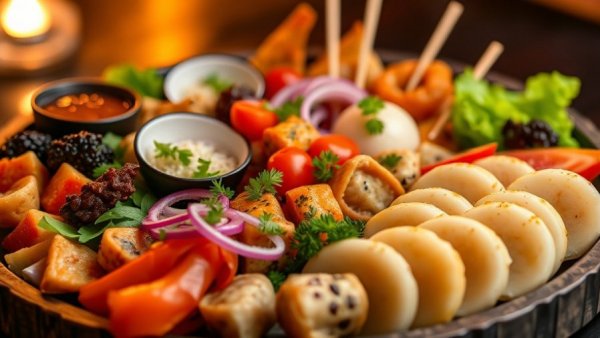 Elegant arrangement of Asian appetizers on a tray, Austin food news.