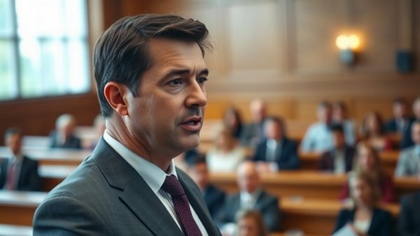 Middle-aged man delivering speech about Dump Red Tape Act, formal setting.