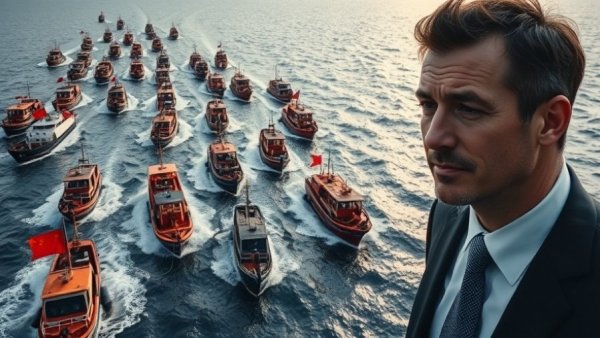 Illegal Chinese fishing fleets in ocean, man in suit, news overlay.