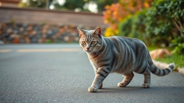 Gray tabby cat walking past parked car in suburban setting.