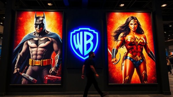 Superhero exhibition with WB logo amid Netflix Warner Bros acquisition buzz.