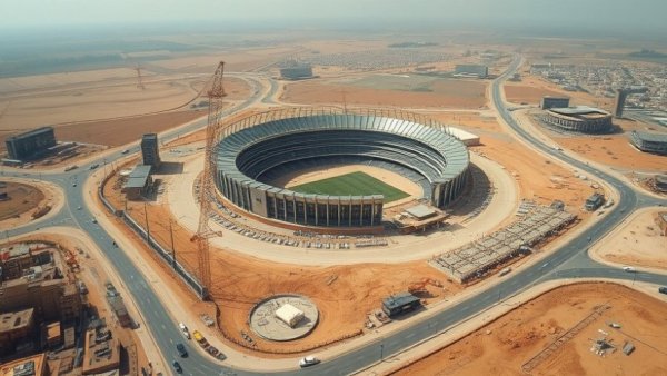 Aerial view of 2026 FIFA World Cup construction projects with stadium.