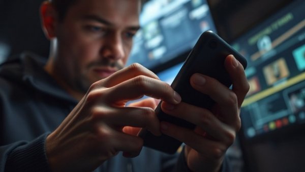 Close-up of intense smartphone use in dark room, related to AI Voice Cloning Scams.