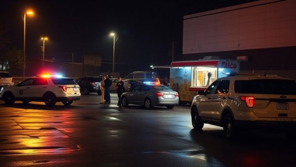 Houston taco truck shooting scene with police cars and tape at night.