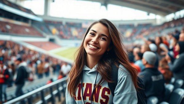 Brianna Aguilera at sports event in university attire, smiling.