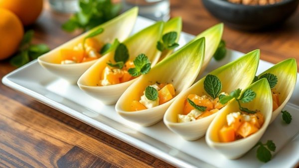 Mandarin and Mint Waldorf Endive Boats arranged on a ceramic tray with mint garnish.