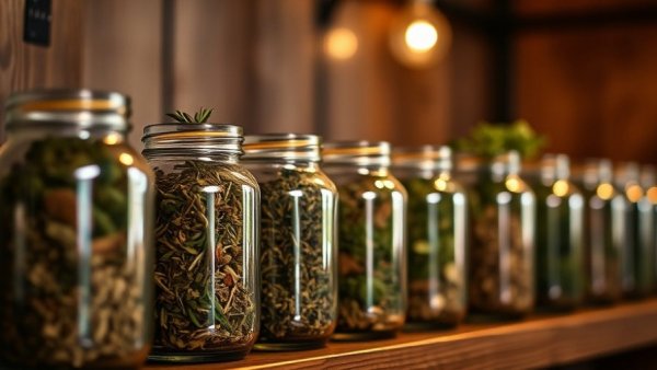 Organized glass jars with dried herbs on wooden shelf for health and wellness.