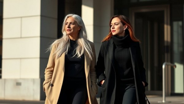 Two women walking and conversing outside a building, Texas dementia fund lawsuit