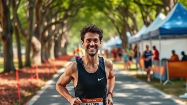 Runner smiling during race, symbolizing resilience in 'Running a Half Marathon with Multiple Sclerosis'.