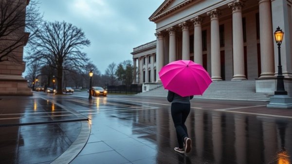 Grand neoclassical building with a pink umbrella set.