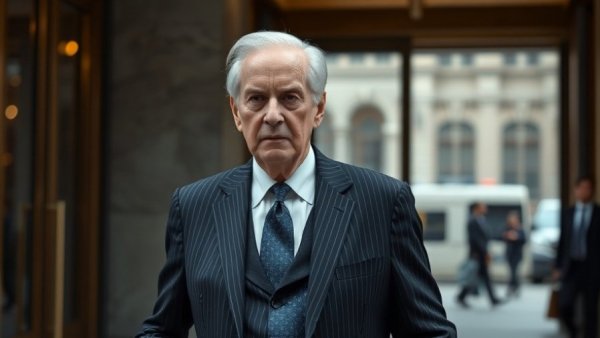 Older man in pinstripe suit leaving building, solemn expression