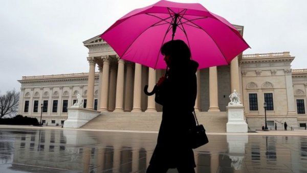 Person with pink umbrella at Supreme Court reflecting on Trump executive order birthright citizenship.