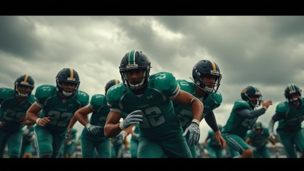 Athletes in green uniforms ready for a football game, dramatic sky.