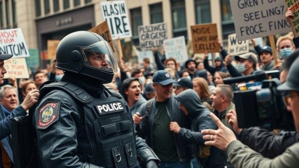 Protests outside Taco Giro Tucson with intense crowd and officer.