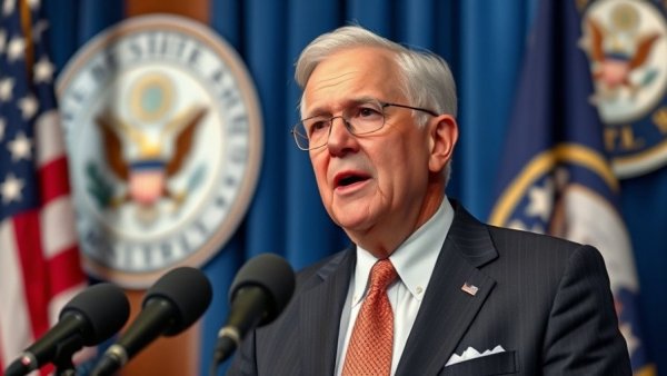 Robert B. Fiske Jr. during Whitewater Investigation press conference, USA Senate emblem background.