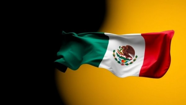Mexican flag on black and yellow background; Texas border crisis discussion.