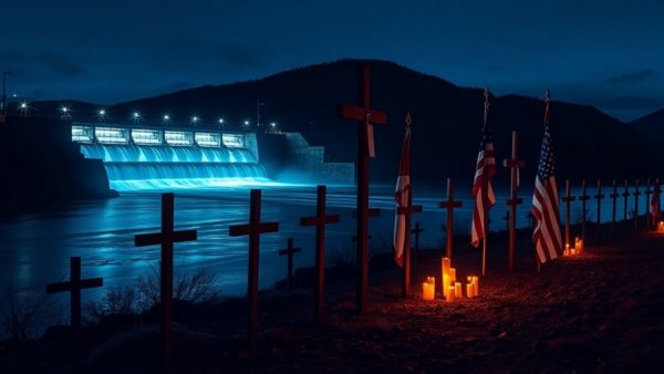 Kerr County flood memorial at night with crosses and flags by river dam.