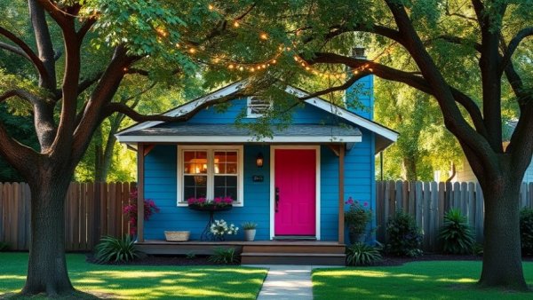 Charming bungalow rental in Austin with blue exterior and pink door.