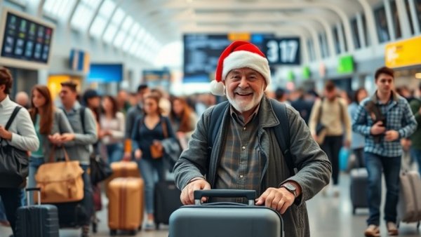 Travelers at airport amid holiday bustle, airport arrival times focus.