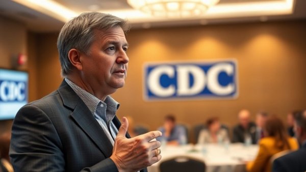 Speaker discussing shift in hepatitis B vaccine recommendations at CDC conference.