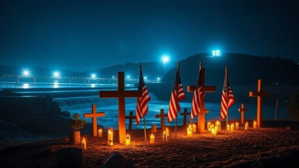 Vigil setup at Texas dam during flood at night with bright lights.