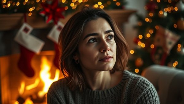 Contemplative woman in cozy holiday setting with Christmas stockings, Texas Christmas movies scene.