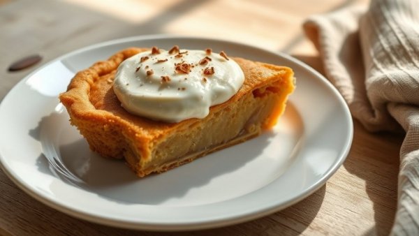 Slice of pie on a white plate with a rustic beige background, Pantone's Color of the Year 2026 inspired.