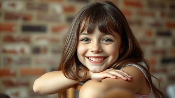 Missing 8-year-old girl smiling in front of brick wall.