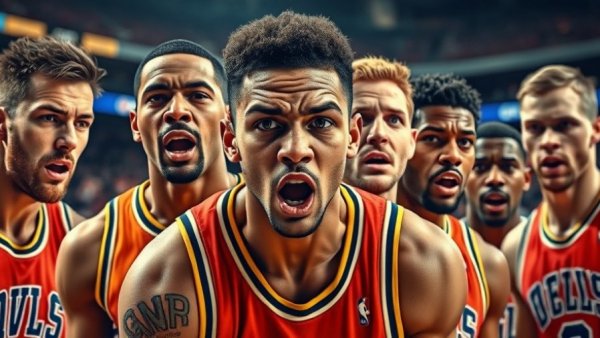 Collage of intense basketball players in NBA game highlights.